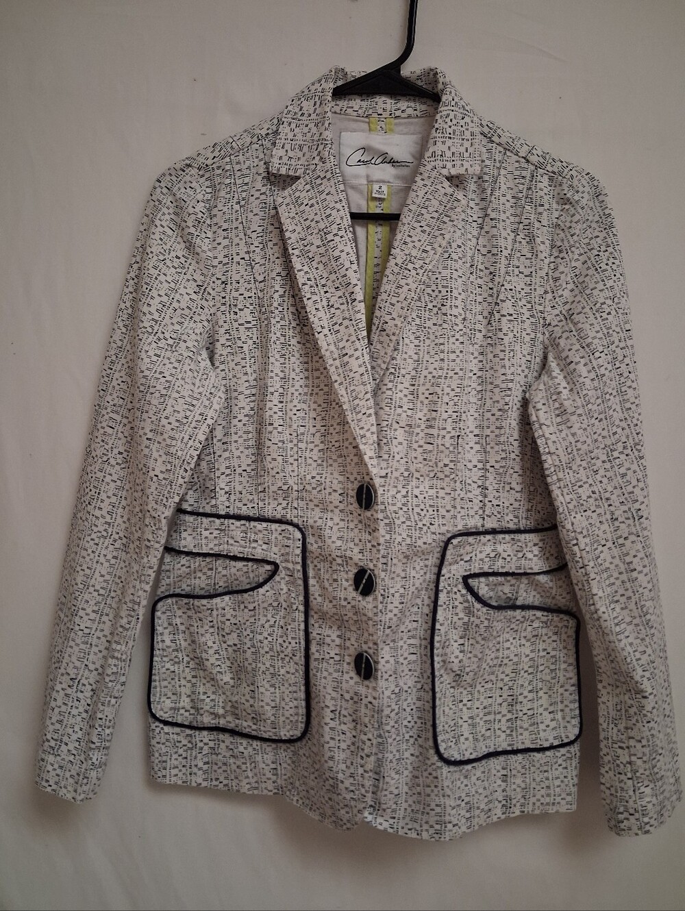 Cabi “Carole” Printed Blazer Jacket Size 2 Black & White Textured Tailored Piped